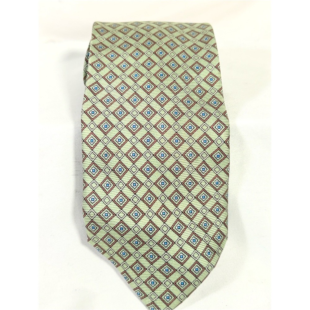 Jos. A. Bank  Light Green Geometric Silk Tie Brown  Blue Accents 62" x 3.75"